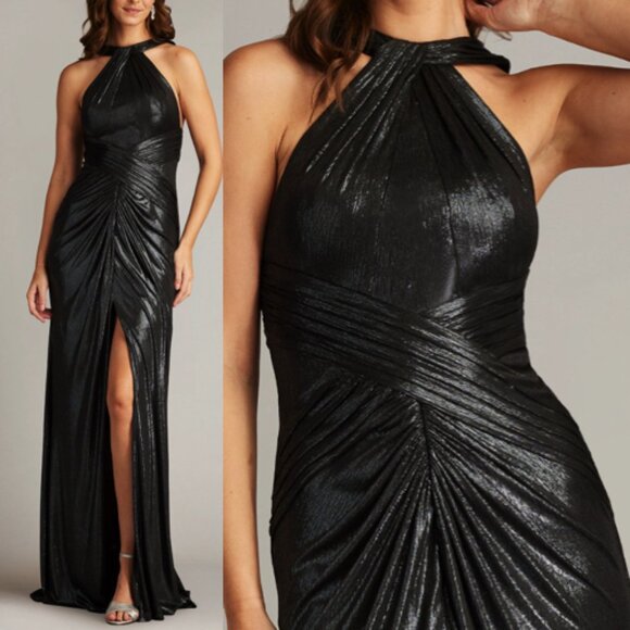 NWT Tadashi Shoji carlini draped metallic gown dress titanium size xs - Picture 1 of 3